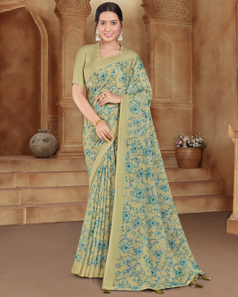 Vishal Prints Pastel Olive Printed Criva Crepe Saree With Tassel
