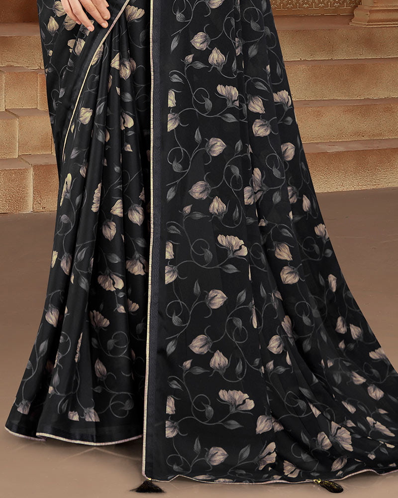 Vishal Prints Black Printed Criva Crepe Saree With Tassel