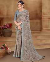 Vishal Prints Cool Grey Printed Criva Crepe Saree With Tassel