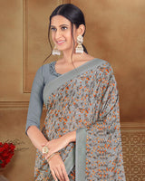 Vishal Prints Cool Grey Printed Criva Crepe Saree With Tassel
