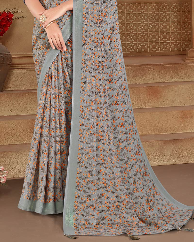 Vishal Prints Cool Grey Printed Criva Crepe Saree With Tassel
