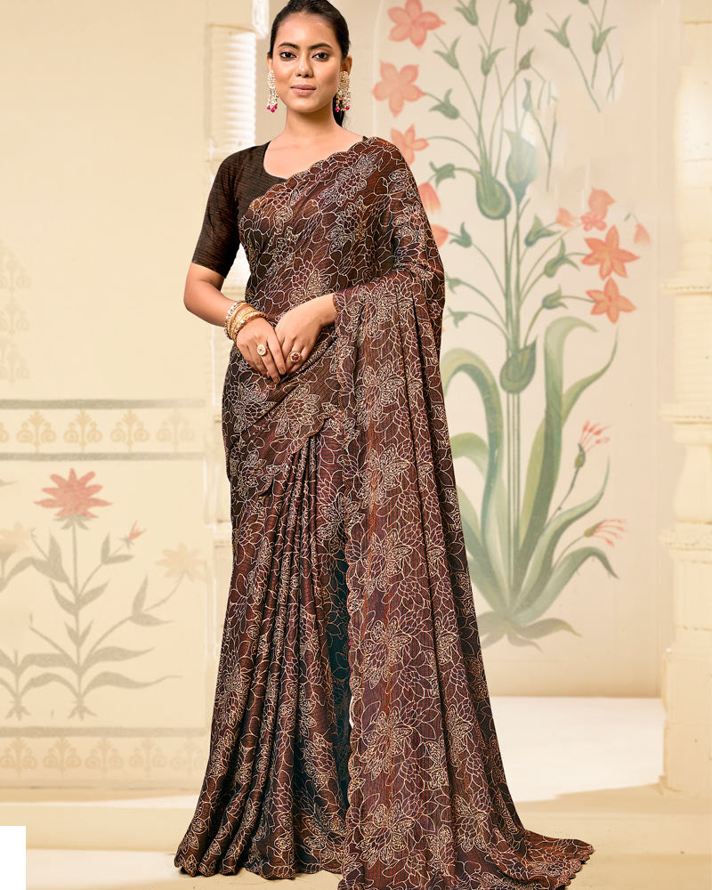Vishal Prints Coffee Brown Digital Print Brasso Saree With Cut Work Diamond Border