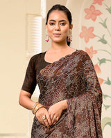 Vishal Prints Coffee Brown Digital Print Brasso Saree With Cut Work Diamond Border