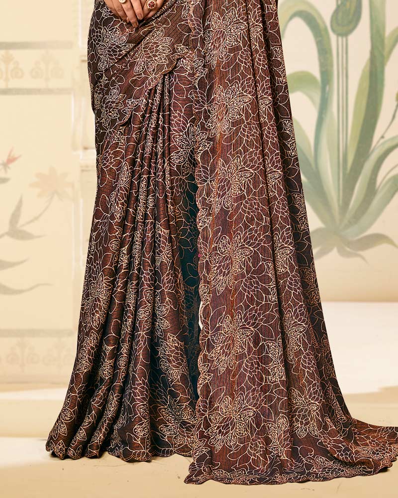 Vishal Prints Coffee Brown Digital Print Brasso Saree With Cut Work Diamond Border