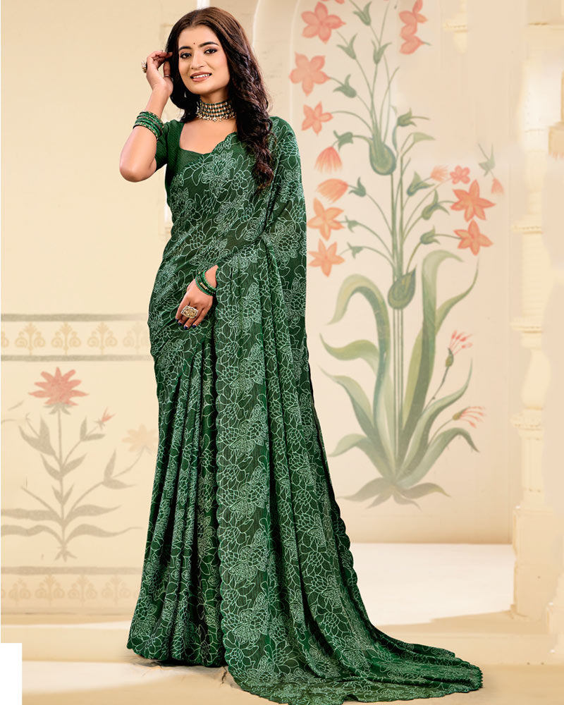 Vishal Prints Mineral Green Digital Print Brasso Saree With Cut Work Diamond Border