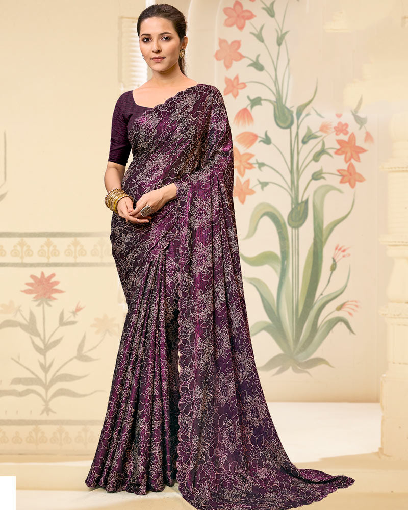 Vishal Prints Dark Wine Digital Print Brasso Saree With Cut Work Diamond Border