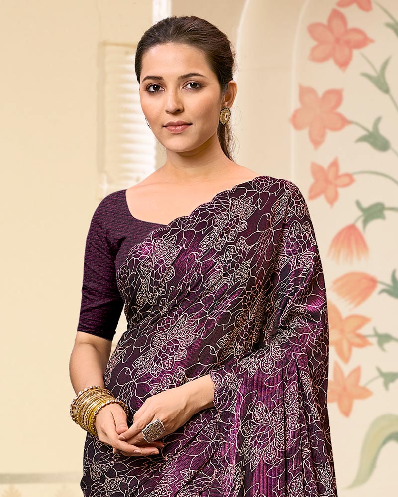 Vishal Prints Dark Wine Digital Print Brasso Saree With Cut Work Diamond Border