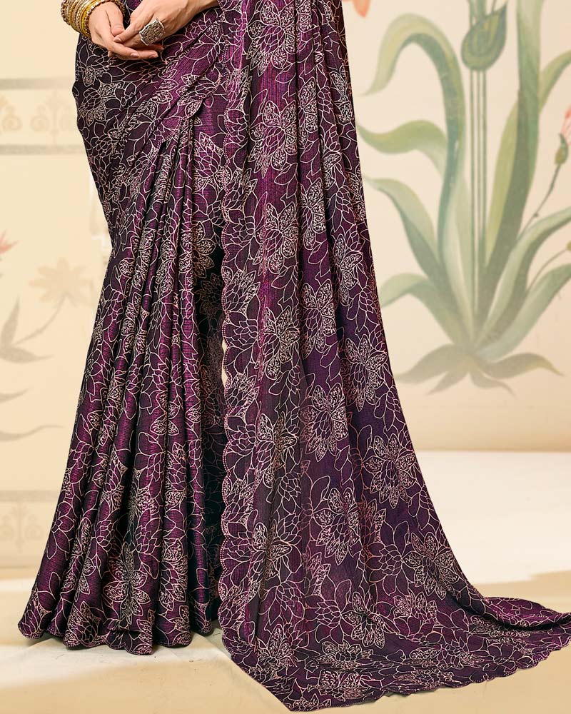Vishal Prints Dark Wine Digital Print Brasso Saree With Cut Work Diamond Border