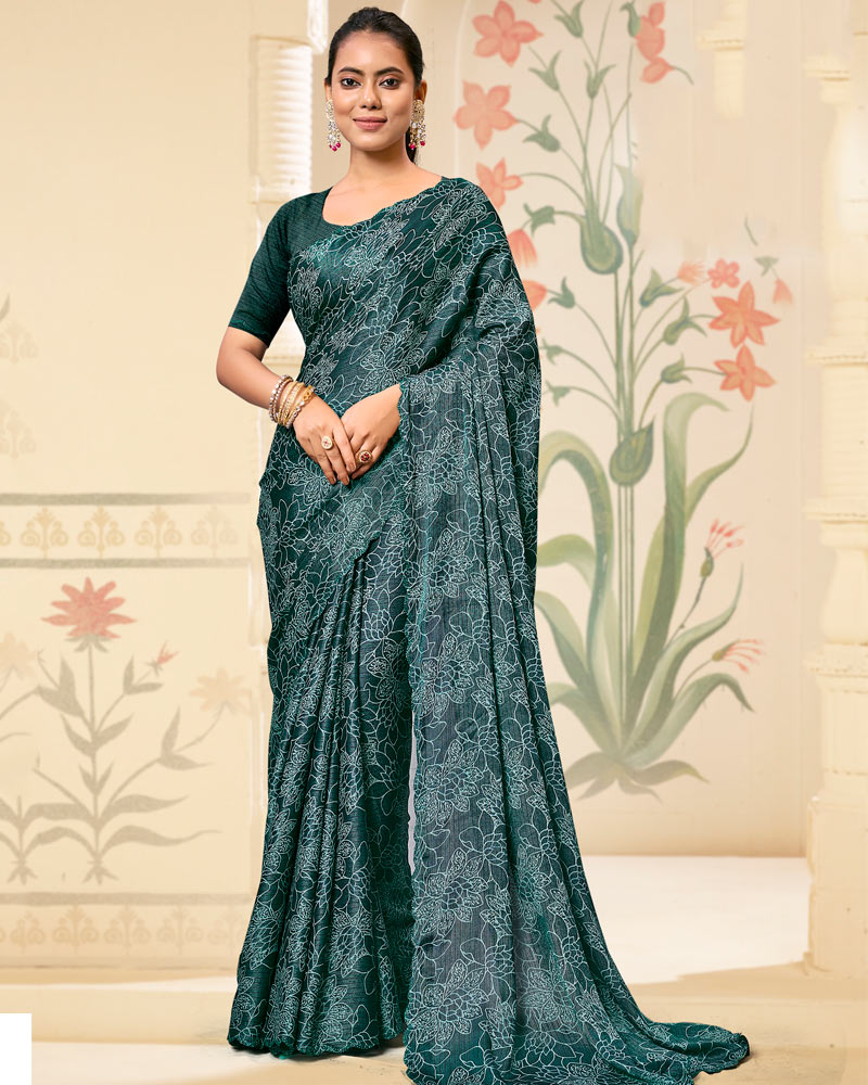 Vishal Prints Deep Sea Green Digital Print Brasso Saree With Cut Work Diamond Border