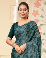 Vishal Prints Deep Sea Green Digital Print Brasso Saree With Cut Work Diamond Border