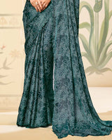 Vishal Prints Deep Sea Green Digital Print Brasso Saree With Cut Work Diamond Border
