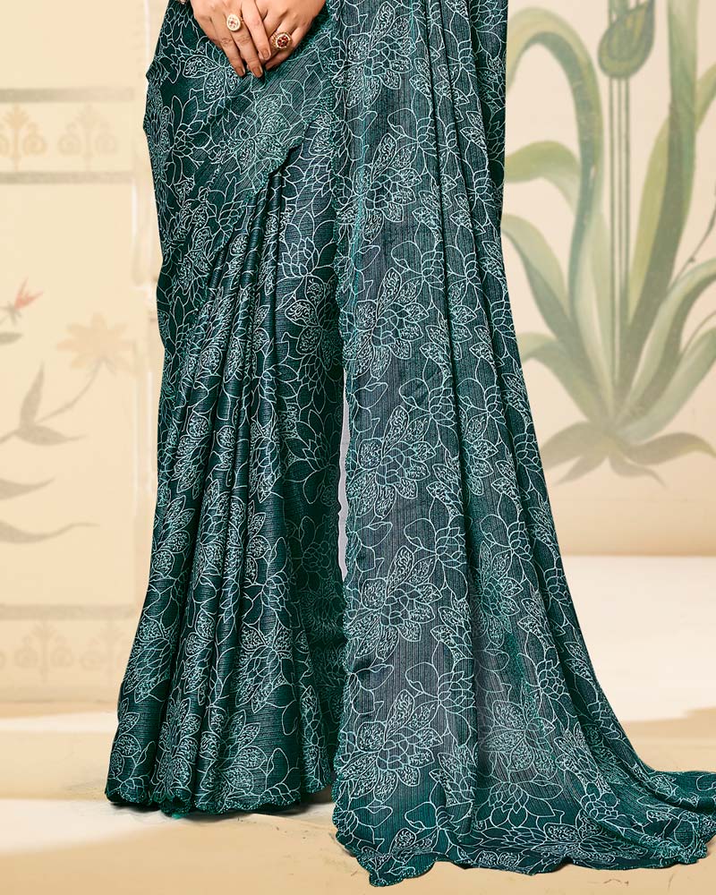 Vishal Prints Deep Sea Green Digital Print Brasso Saree With Cut Work Diamond Border