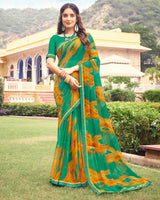 Vishal Prints Dark Mint Green Printed Chiffon Saree With Border