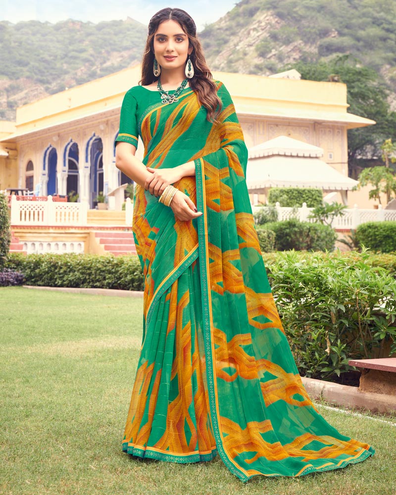 Vishal Prints Dark Mint Green Printed Chiffon Saree With Border
