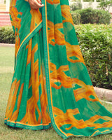 Vishal Prints Dark Mint Green Printed Chiffon Saree With Border