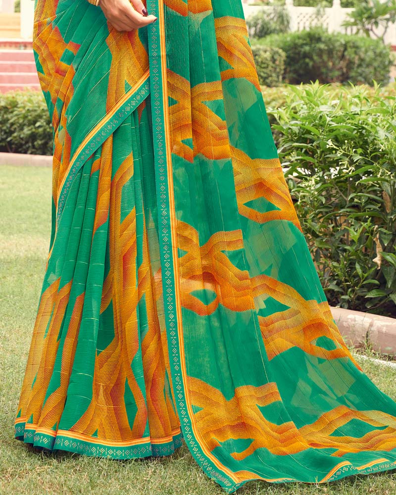 Vishal Prints Dark Mint Green Printed Chiffon Saree With Border