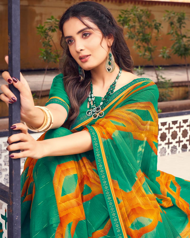 Vishal Prints Dark Mint Green Printed Chiffon Saree With Border