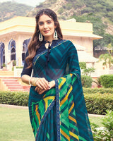 Vishal Prints Dark Navy Blue Printed Chiffon Saree With Border