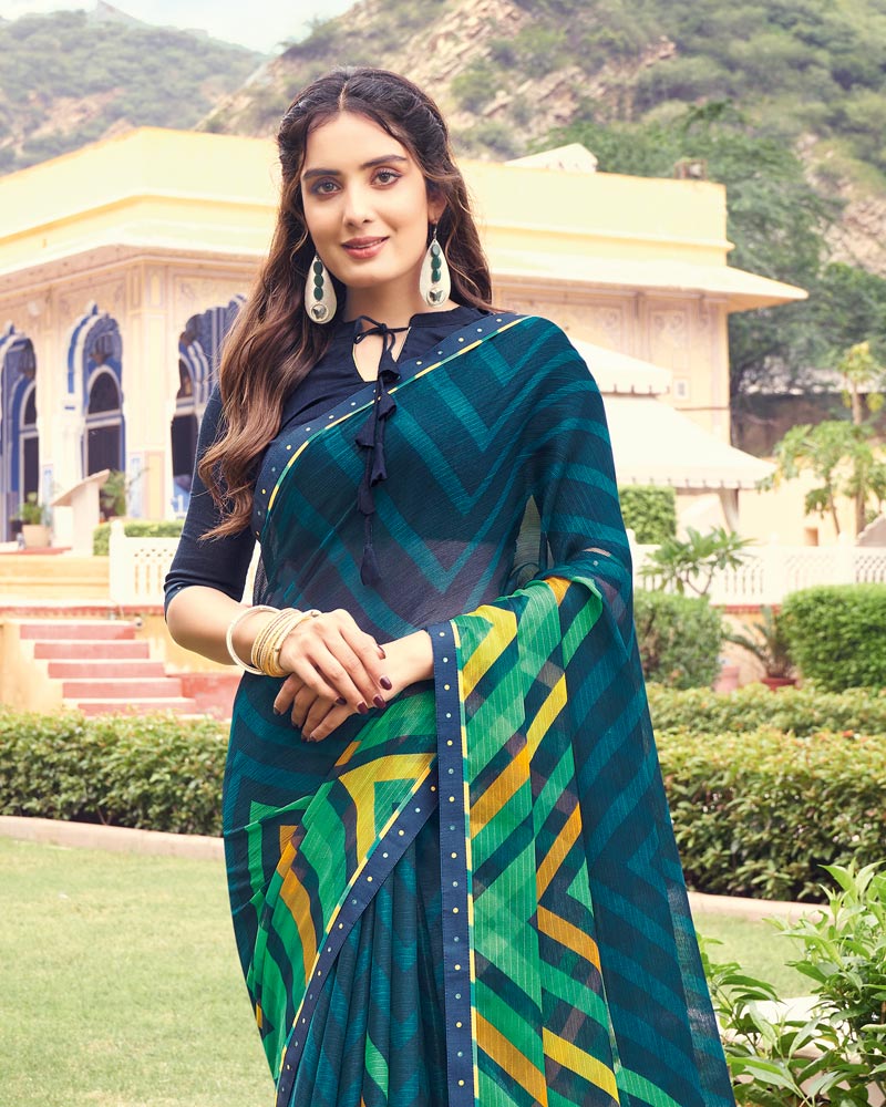 Vishal Prints Dark Navy Blue Printed Chiffon Saree With Border