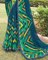 Vishal Prints Dark Navy Blue Printed Chiffon Saree With Border