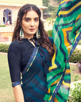 Vishal Prints Dark Navy Blue Printed Chiffon Saree With Border