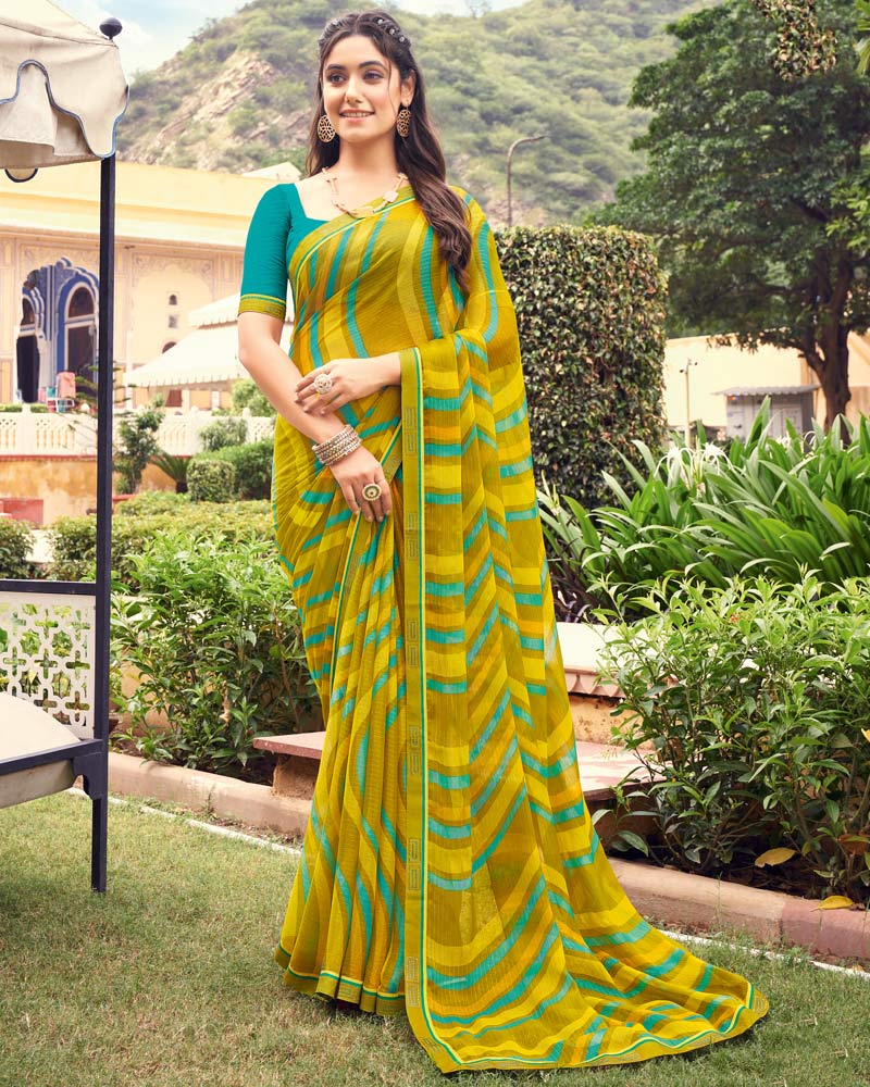 Vishal Prints Dark Mustard Printed Chiffon Saree With Border