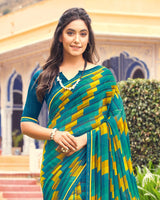 Vishal Prints Peacock Blue Printed Chiffon Saree With Border