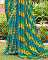 Vishal Prints Peacock Blue Printed Chiffon Saree With Border