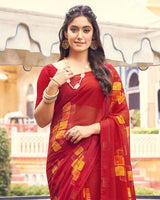 Vishal Prints Dark Red Printed Chiffon Saree With Border