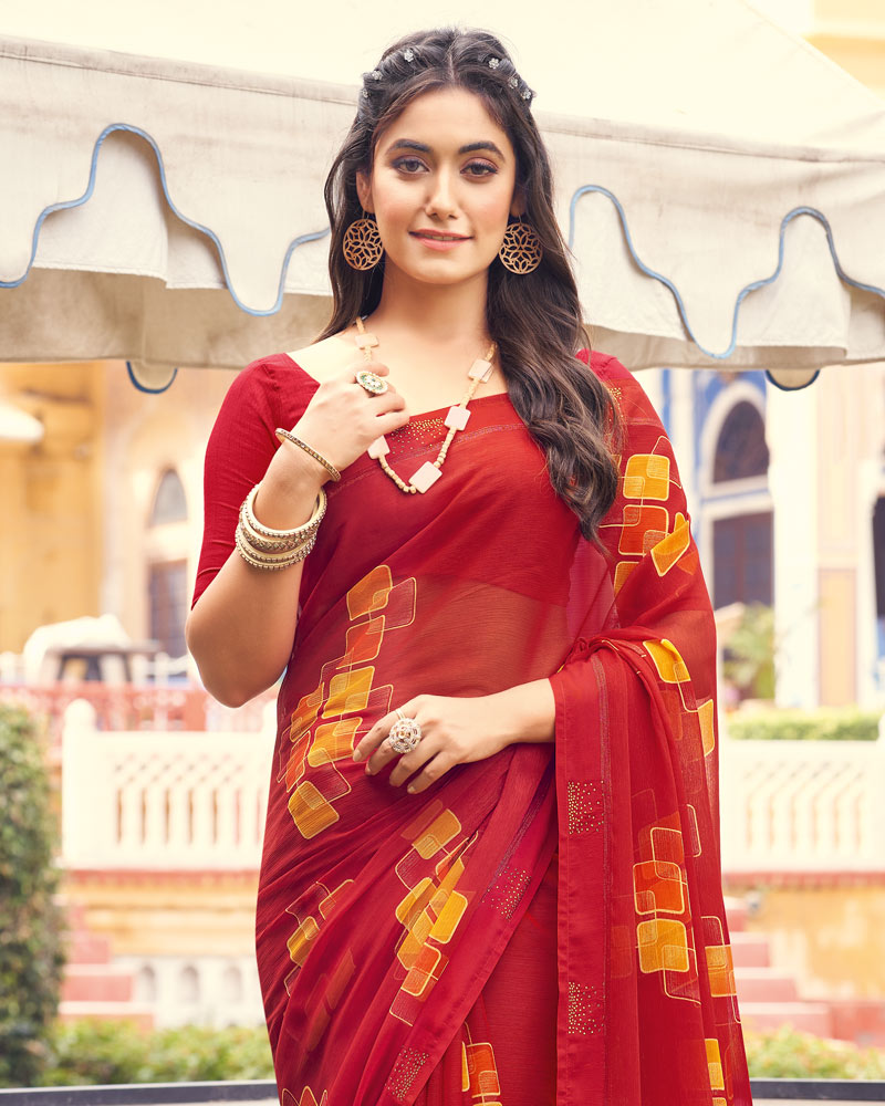 Vishal Prints Dark Red Printed Chiffon Saree With Border