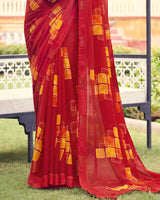 Vishal Prints Dark Red Printed Chiffon Saree With Border