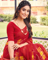Vishal Prints Dark Red Printed Chiffon Saree With Border