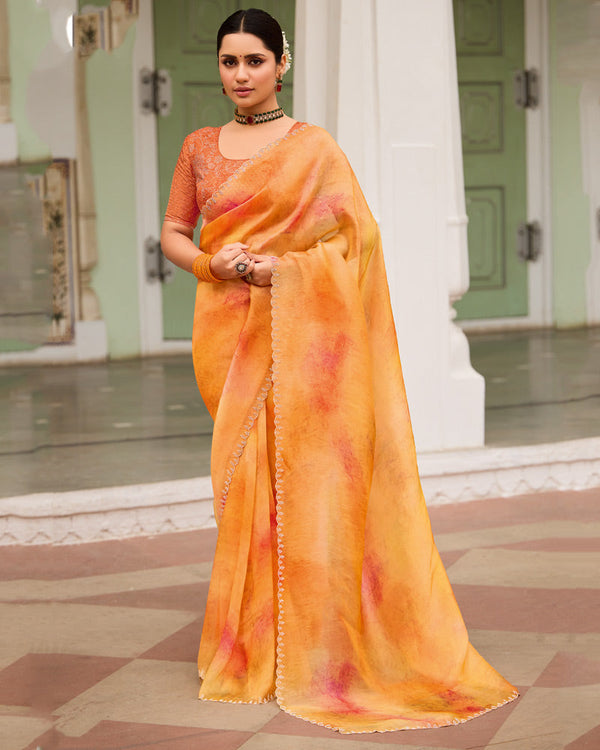 Vishal Prints Pastel Orange Designer Organza Digital Print Saree With Diamond Work And Cut Work Border