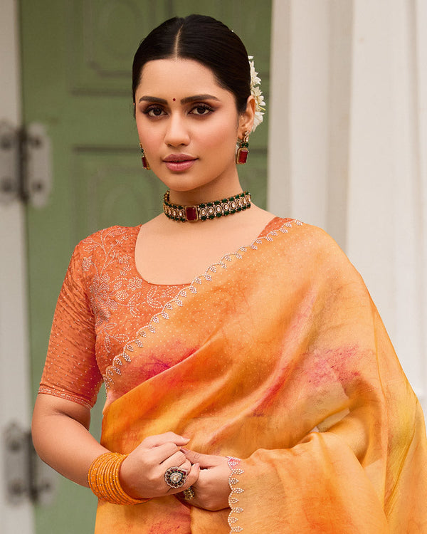 Vishal Prints Pastel Orange Designer Organza Digital Print Saree With Diamond Work And Cut Work Border