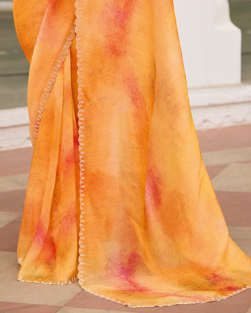 Vishal Prints Pastel Orange Designer Organza Digital Print Saree With Diamond Work And Cut Work Border