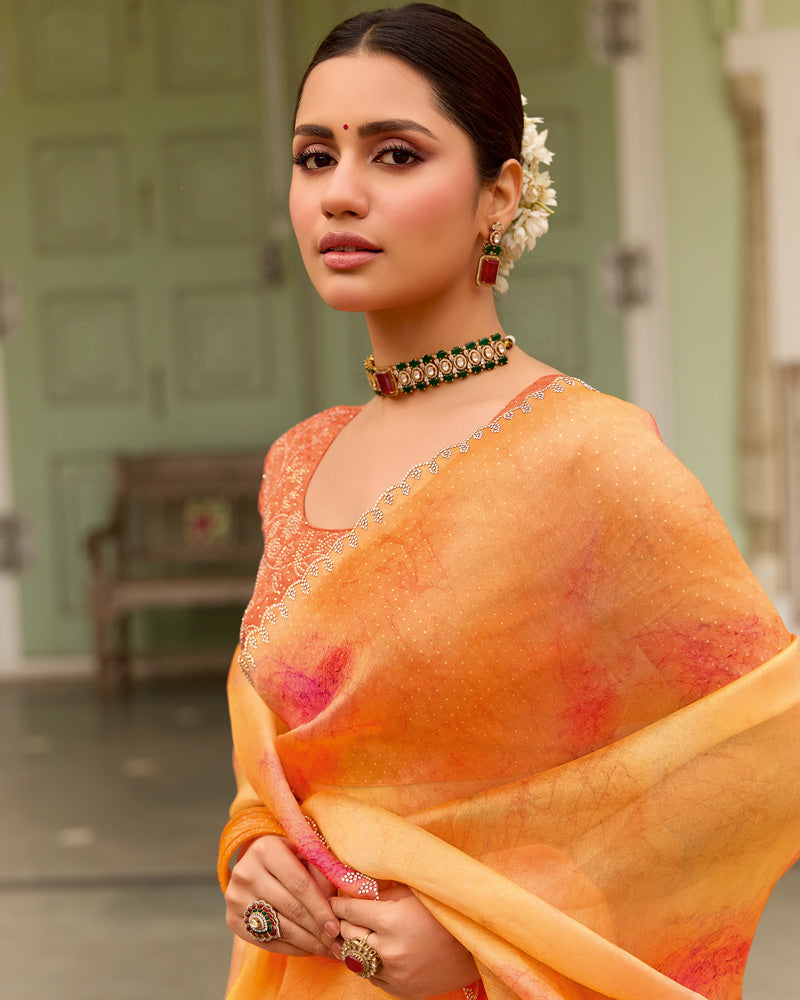 Vishal Prints Pastel Orange Designer Organza Digital Print Saree With Diamond Work And Cut Work Border