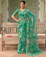 Vishal Prints Deep Sea Green Designer Organza Digital Print Saree With Diamond Work And Cut Work Border