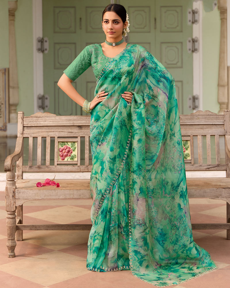 Vishal Prints Deep Sea Green Designer Organza Digital Print Saree With Diamond Work And Cut Work Border