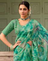 Vishal Prints Deep Sea Green Designer Organza Digital Print Saree With Diamond Work And Cut Work Border