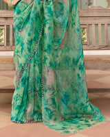 Vishal Prints Deep Sea Green Designer Organza Digital Print Saree With Diamond Work And Cut Work Border