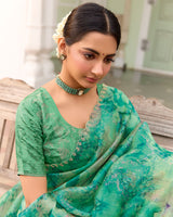 Vishal Prints Deep Sea Green Designer Organza Digital Print Saree With Diamond Work And Cut Work Border