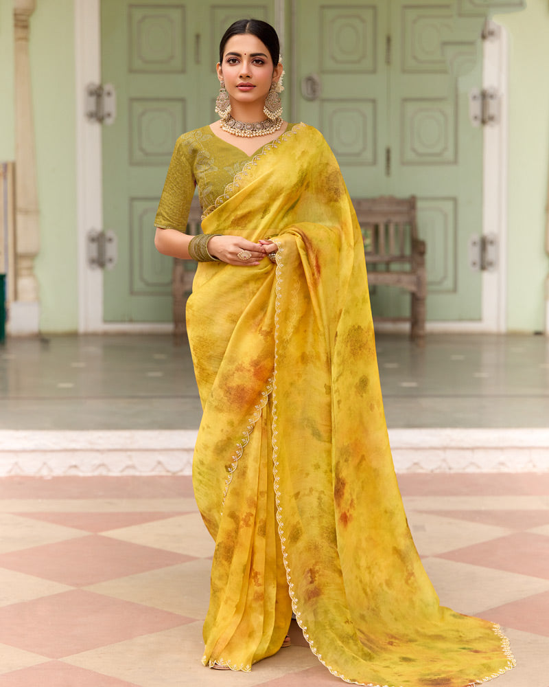 Vishal Prints Mustard Yellow Designer Organza Digital Print Saree With Diamond Work And Cut Work Border