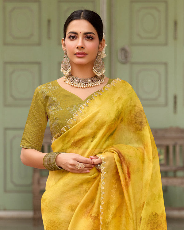 Vishal Prints Mustard Yellow Designer Organza Digital Print Saree With Diamond Work And Cut Work Border