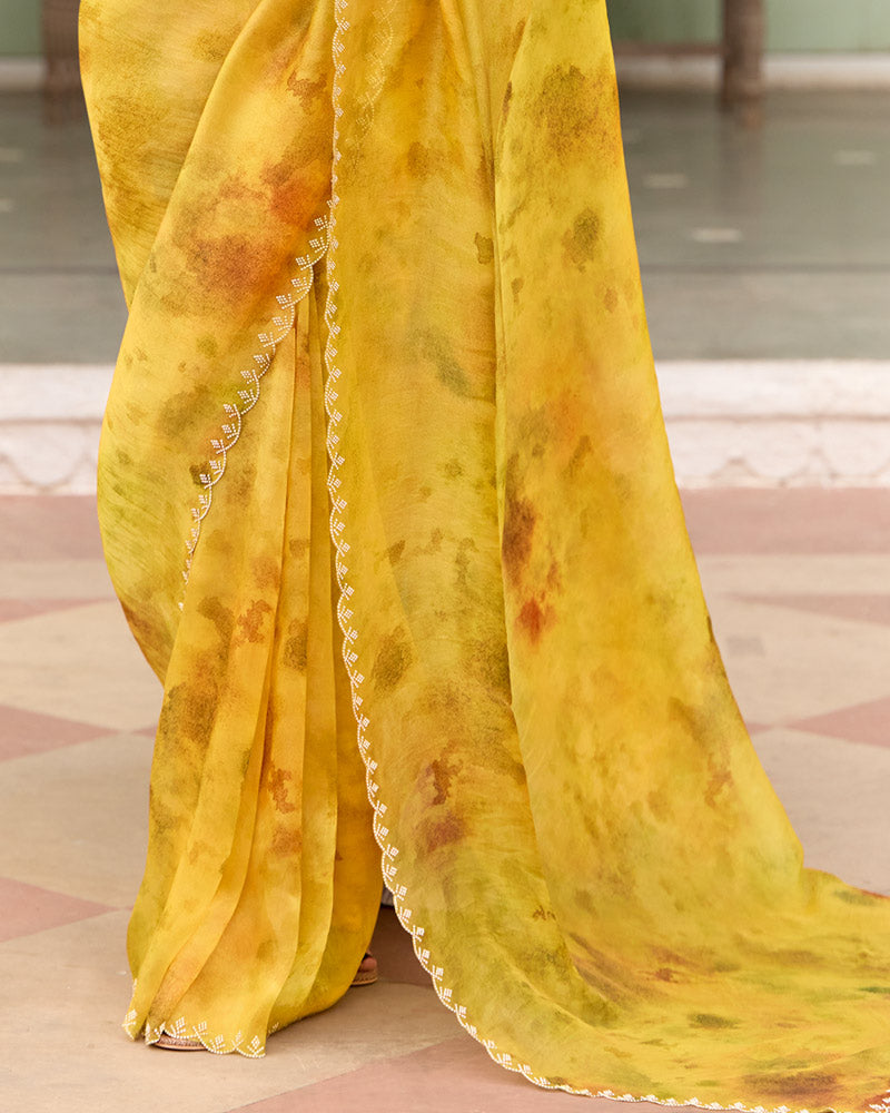 Vishal Prints Mustard Yellow Designer Organza Digital Print Saree With Diamond Work And Cut Work Border