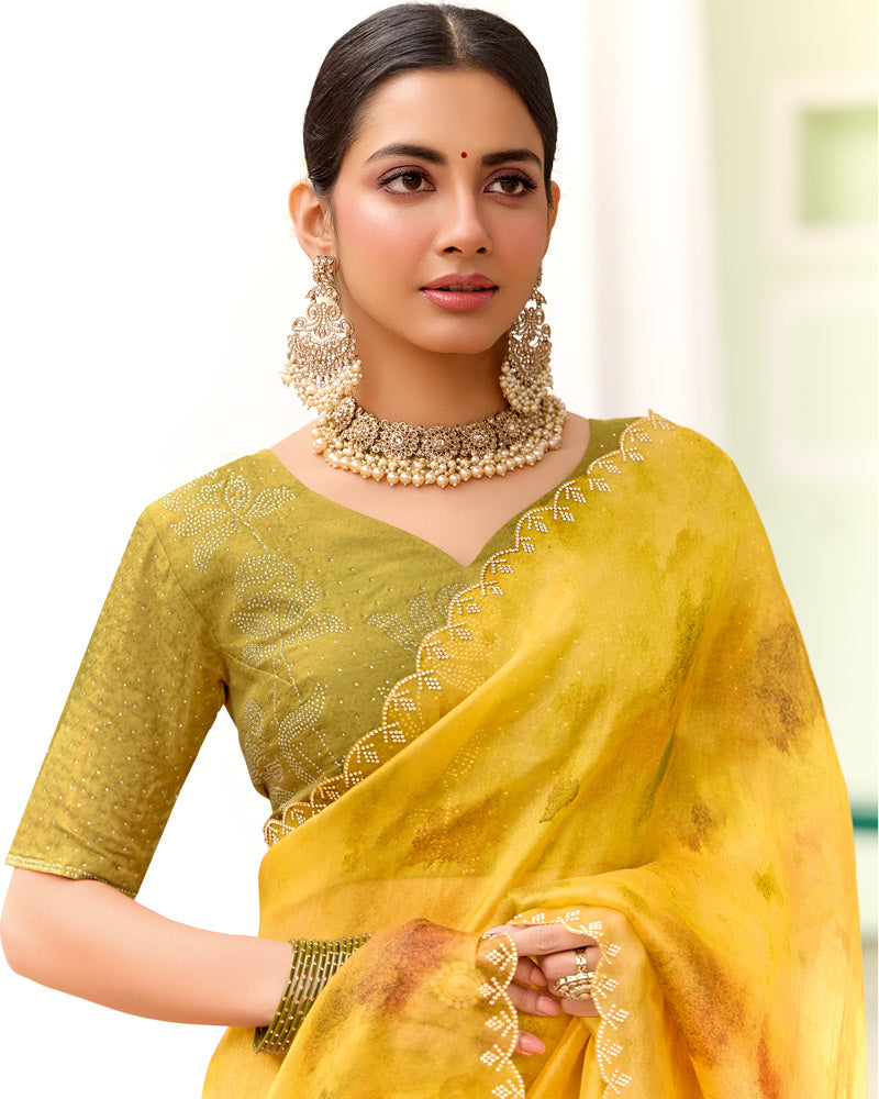 Vishal Prints Mustard Yellow Designer Organza Digital Print Saree With Diamond Work And Cut Work Border