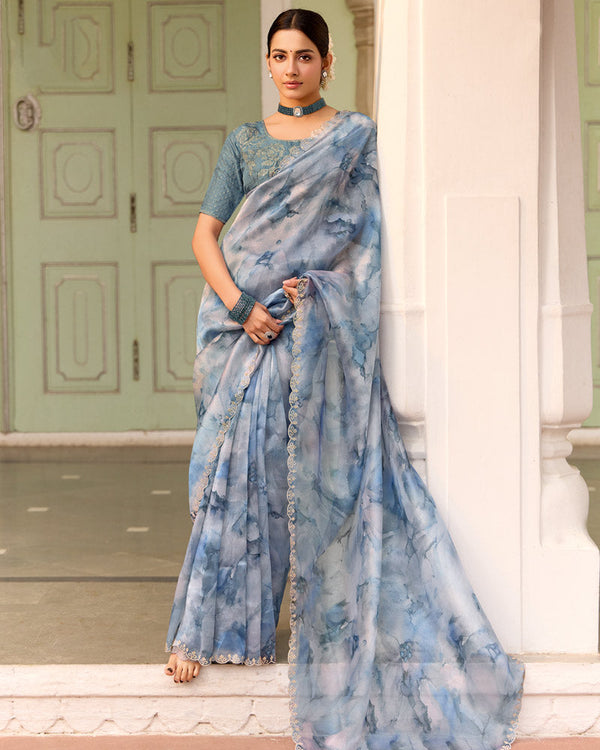 Vishal Prints Bluish Grey Designer Organza Digital Print Saree With Diamond Work And Cut Work Border