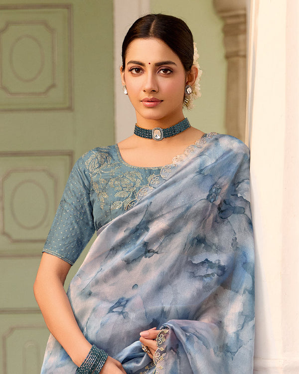 Vishal Prints Bluish Grey Designer Organza Digital Print Saree With Diamond Work And Cut Work Border