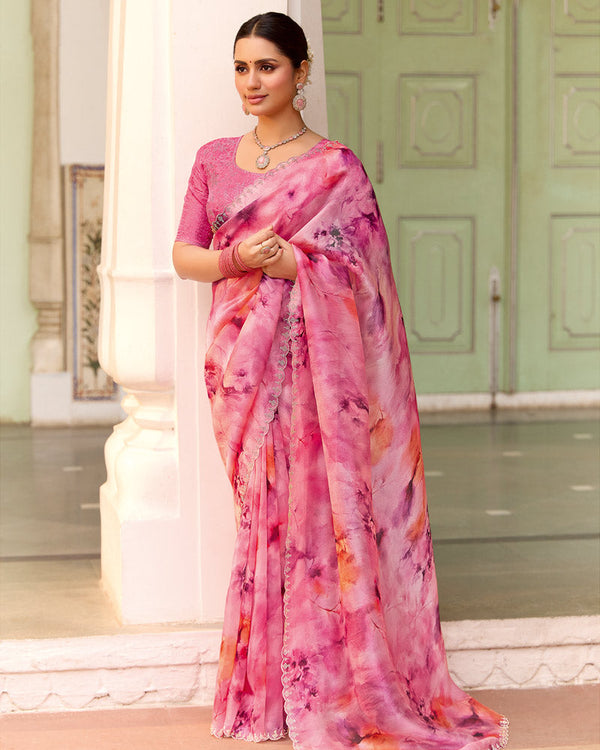 Vishal Prints Blush Pink Designer Organza Digital Print Saree With Diamond Work And Cut Work Border