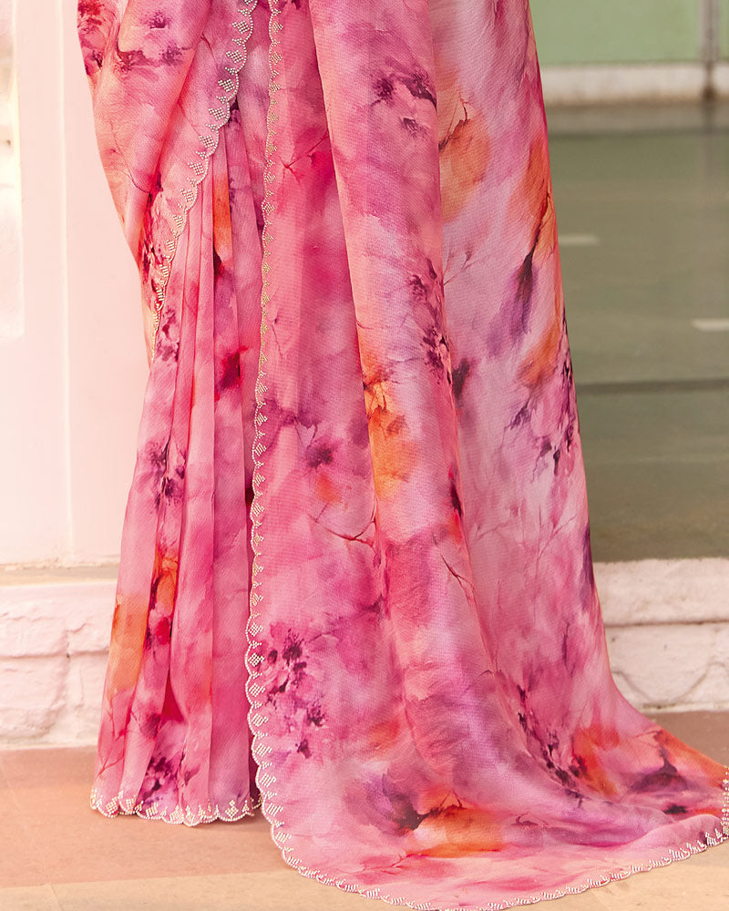 Vishal Prints Blush Pink Designer Organza Digital Print Saree With Diamond Work And Cut Work Border