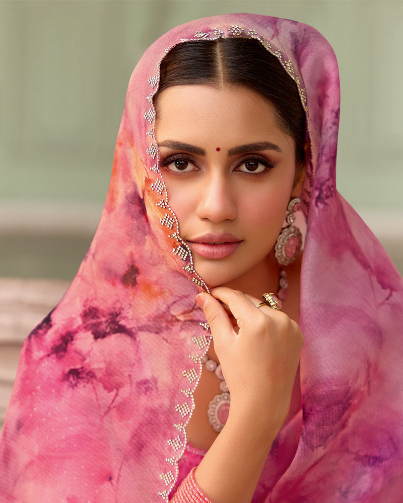 Vishal Prints Blush Pink Designer Organza Digital Print Saree With Diamond Work And Cut Work Border